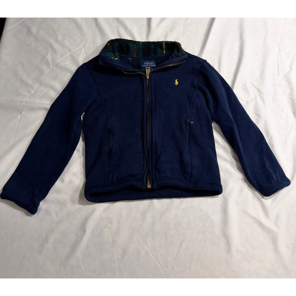 Polo Ralph Lauren Boys Size 5 Navy Full-Zip Cotton Ribbed Jacket Plaid Collar